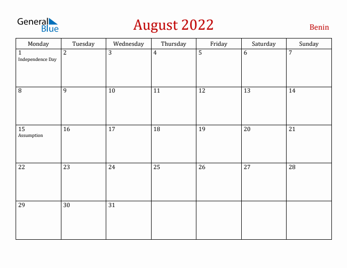 Benin August 2022 Calendar - Monday Start