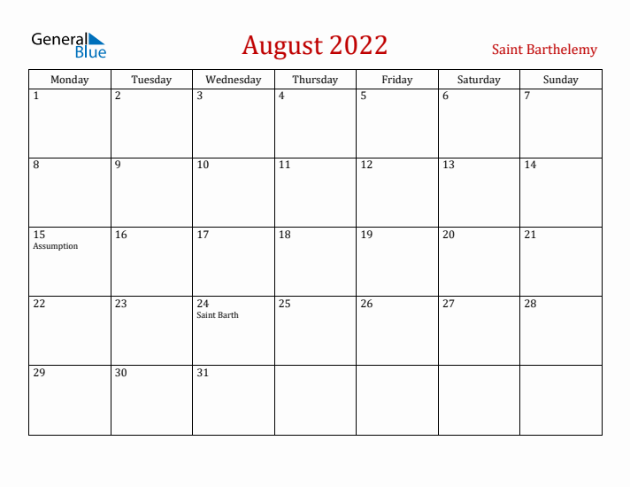 Saint Barthelemy August 2022 Calendar - Monday Start