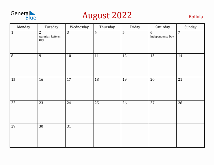 Bolivia August 2022 Calendar - Monday Start