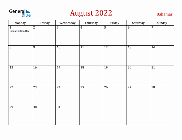 Bahamas August 2022 Calendar - Monday Start