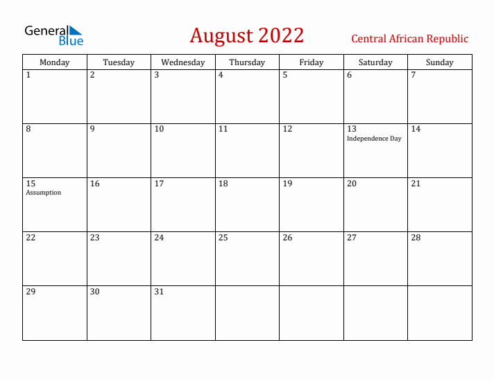 Central African Republic August 2022 Calendar - Monday Start