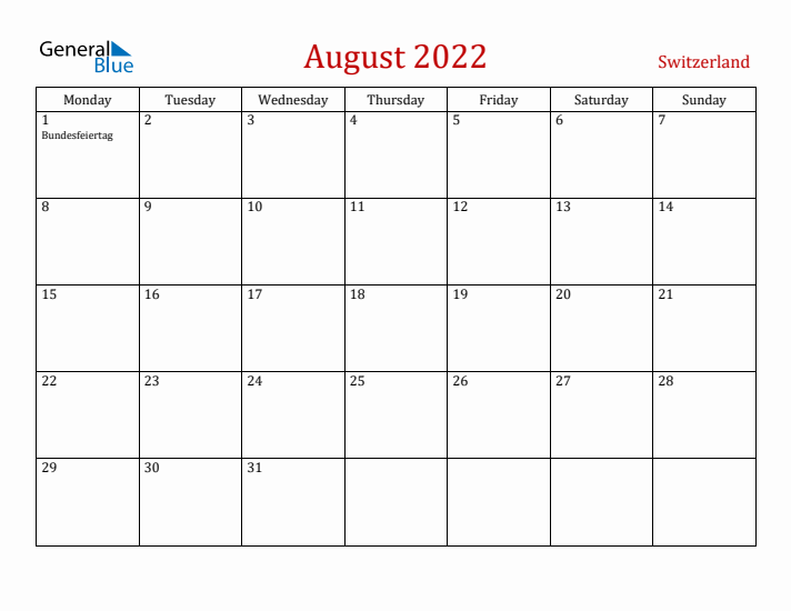 Switzerland August 2022 Calendar - Monday Start