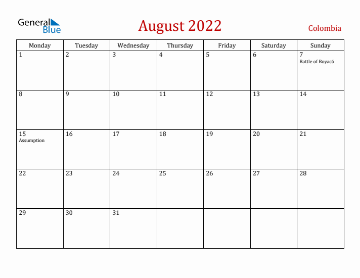 Colombia August 2022 Calendar - Monday Start