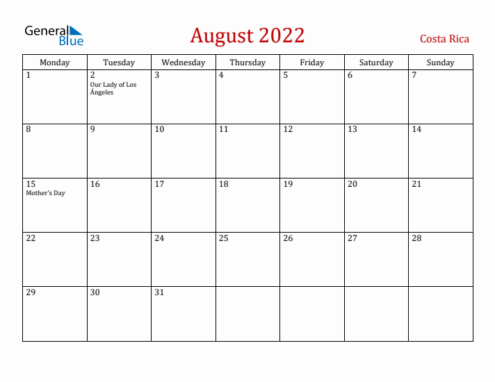 Costa Rica August 2022 Calendar - Monday Start