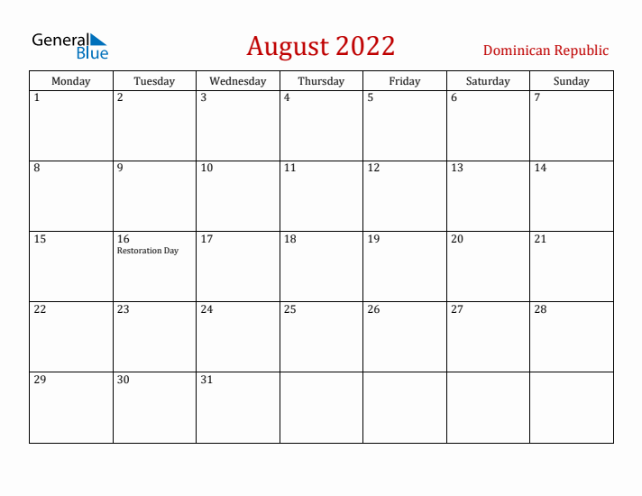 Dominican Republic August 2022 Calendar - Monday Start