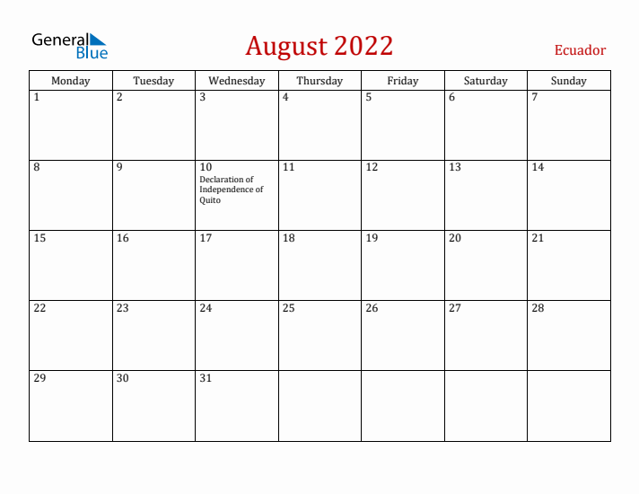 Ecuador August 2022 Calendar - Monday Start