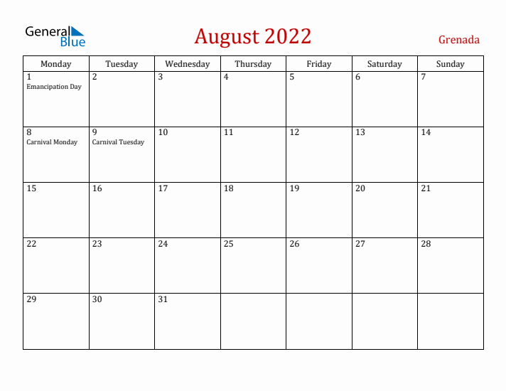 Grenada August 2022 Calendar - Monday Start