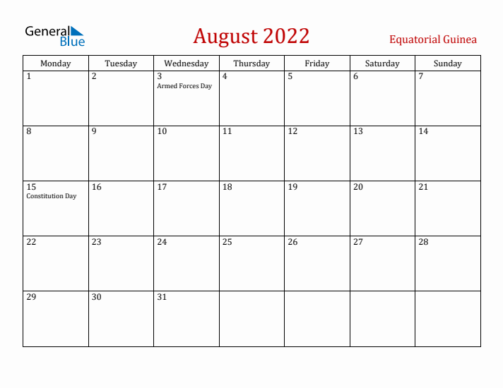 Equatorial Guinea August 2022 Calendar - Monday Start