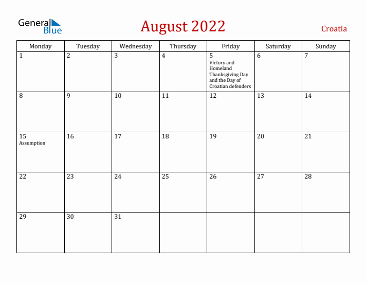 Croatia August 2022 Calendar - Monday Start