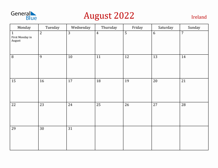 Ireland August 2022 Calendar - Monday Start
