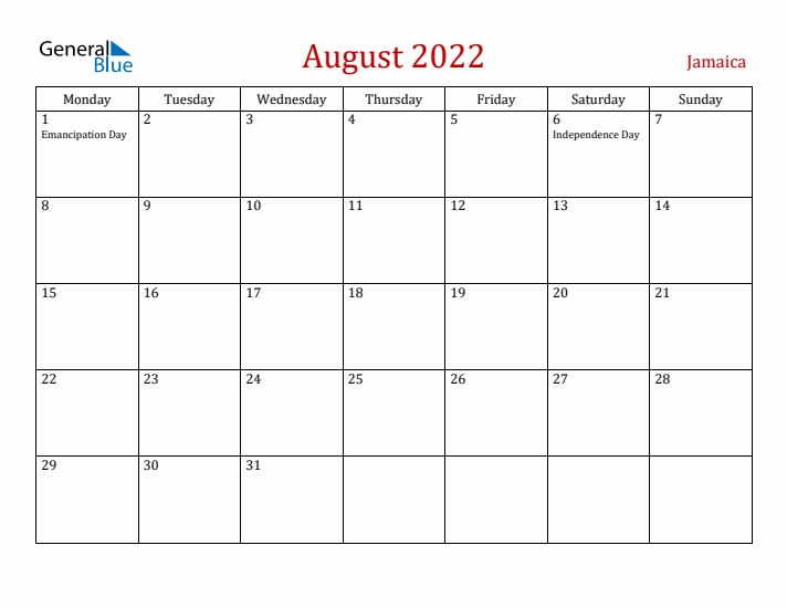 Jamaica August 2022 Calendar - Monday Start