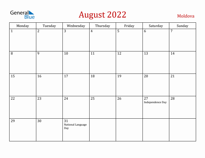 Moldova August 2022 Calendar - Monday Start
