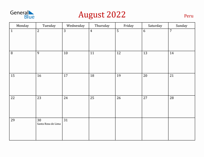 Peru August 2022 Calendar - Monday Start