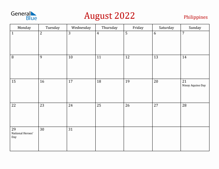 Philippines August 2022 Calendar - Monday Start