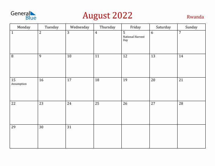 Rwanda August 2022 Calendar - Monday Start