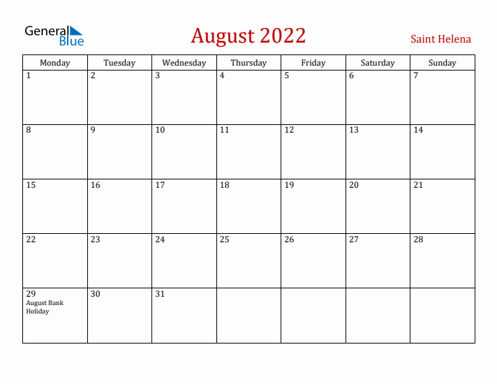 Saint Helena August 2022 Calendar - Monday Start