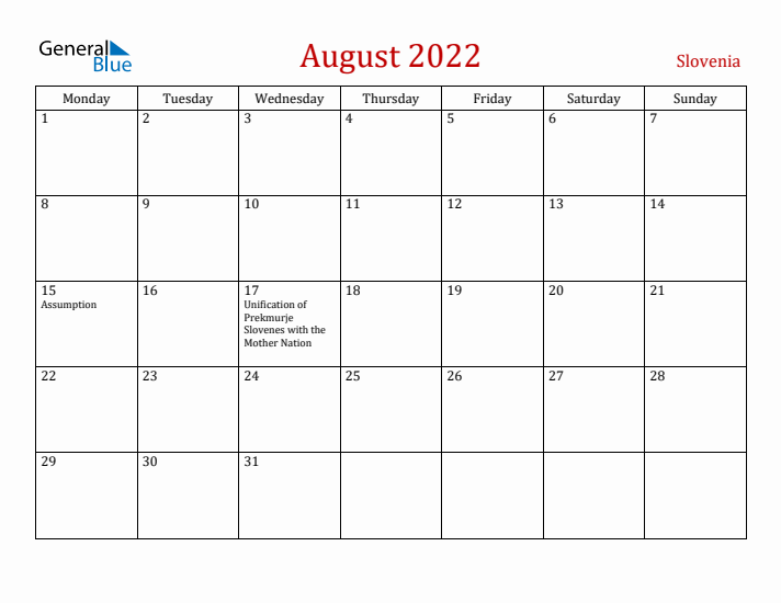 Slovenia August 2022 Calendar - Monday Start