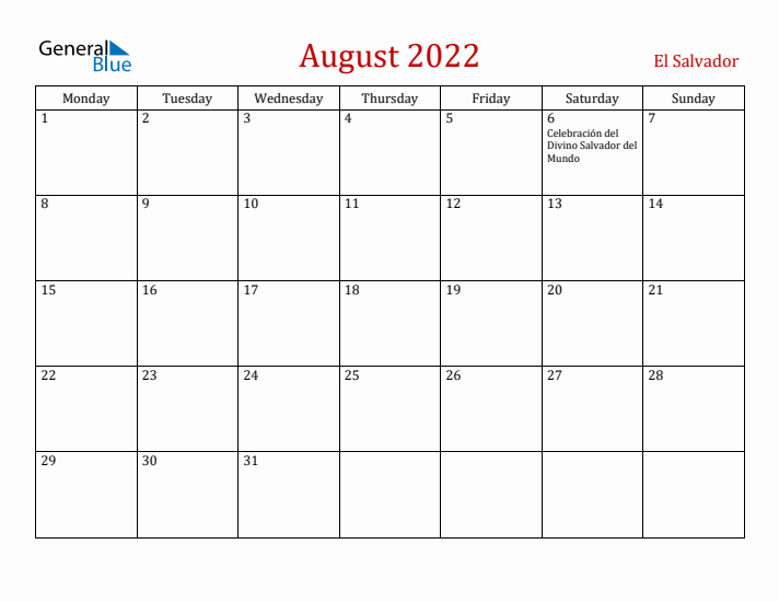 El Salvador August 2022 Calendar - Monday Start