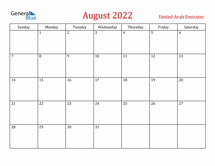 United Arab Emirates August 2022 Calendar - Sunday Start
