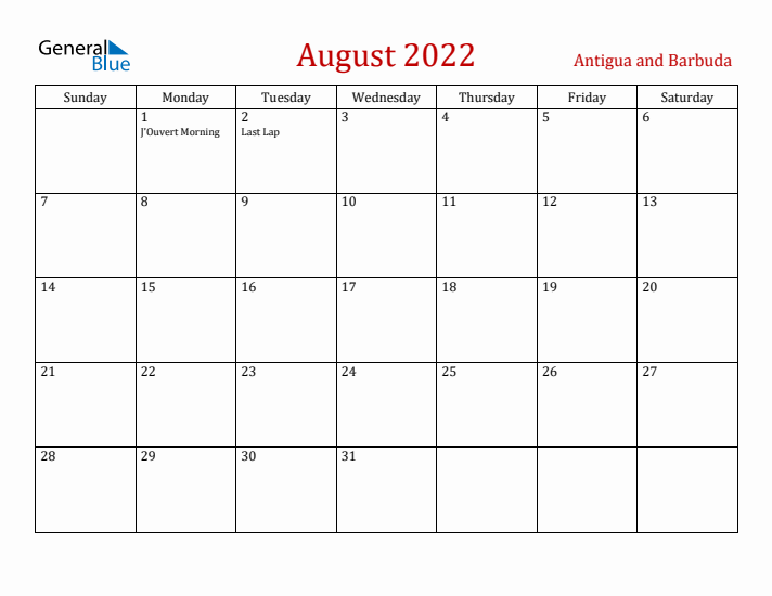 Antigua and Barbuda August 2022 Calendar - Sunday Start