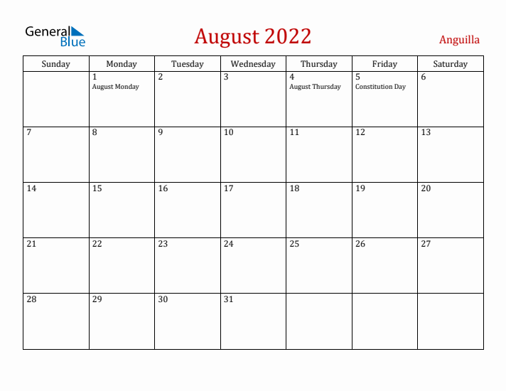 Anguilla August 2022 Calendar - Sunday Start