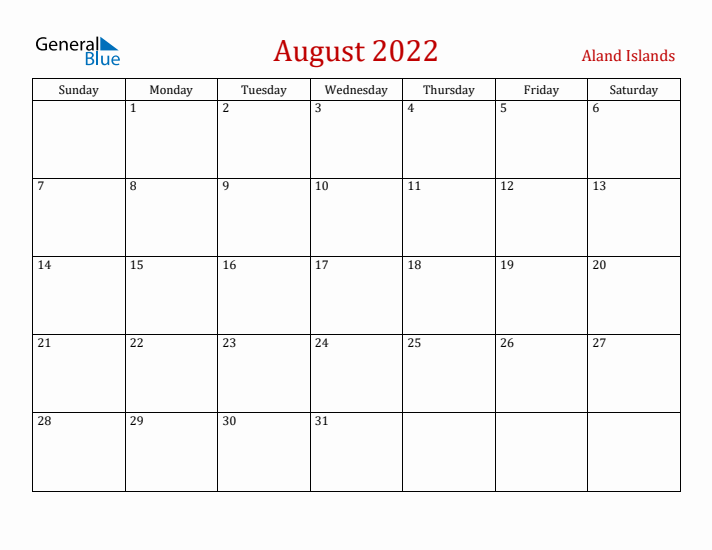 Aland Islands August 2022 Calendar - Sunday Start