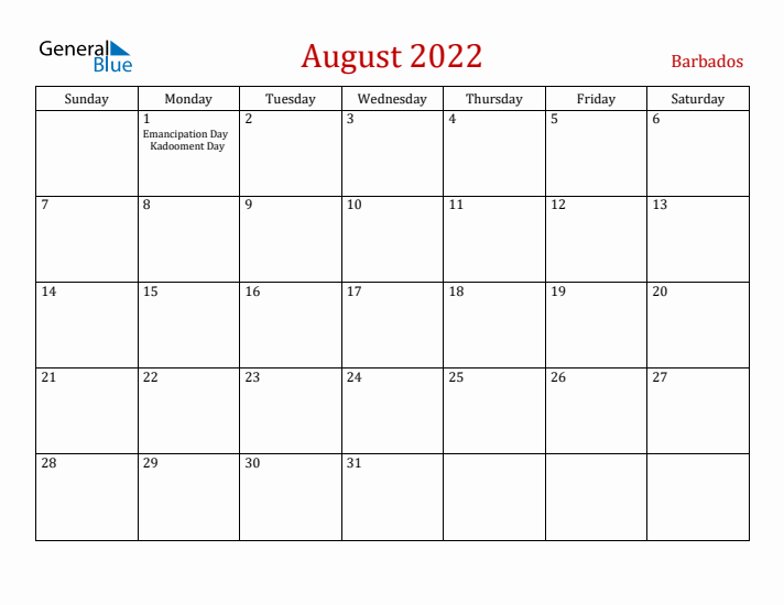 Barbados August 2022 Calendar - Sunday Start
