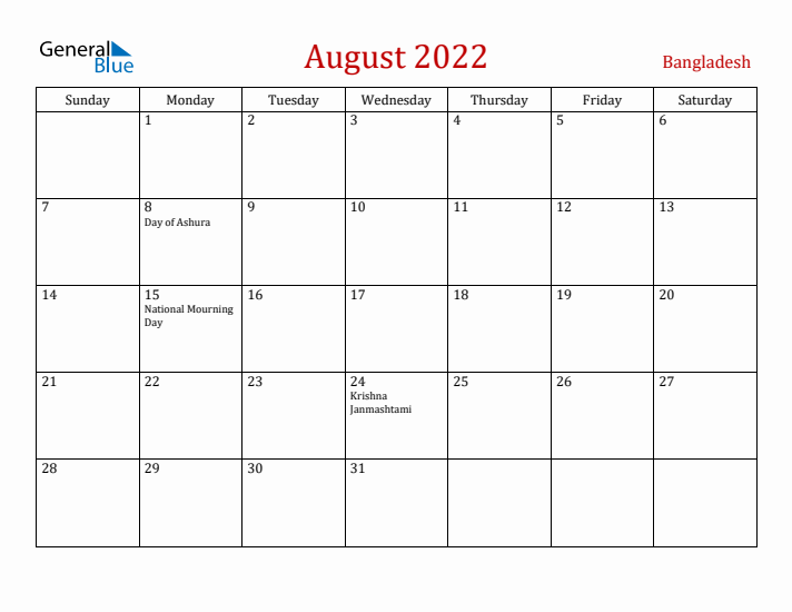 Bangladesh August 2022 Calendar - Sunday Start