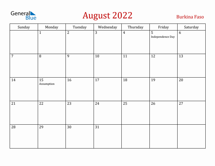 Burkina Faso August 2022 Calendar - Sunday Start