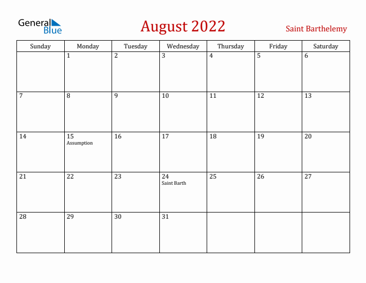 Saint Barthelemy August 2022 Calendar - Sunday Start