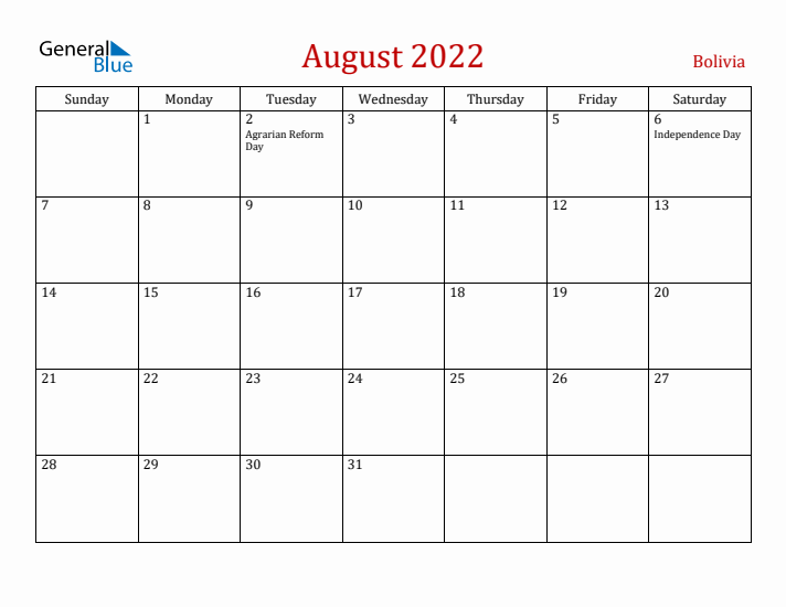 Bolivia August 2022 Calendar - Sunday Start