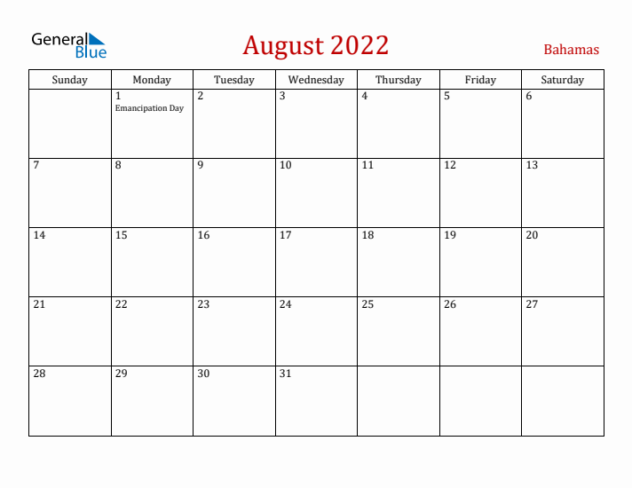 Bahamas August 2022 Calendar - Sunday Start
