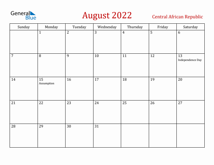 Central African Republic August 2022 Calendar - Sunday Start