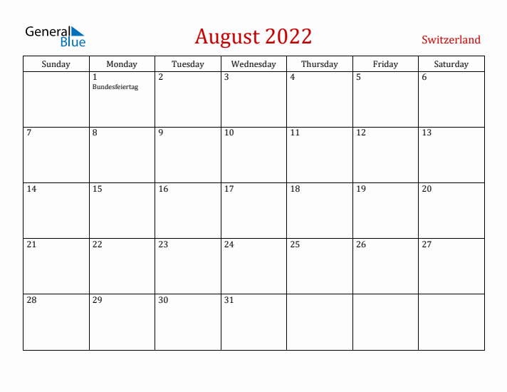 Switzerland August 2022 Calendar - Sunday Start