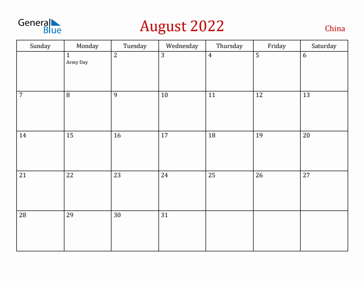 China August 2022 Calendar - Sunday Start