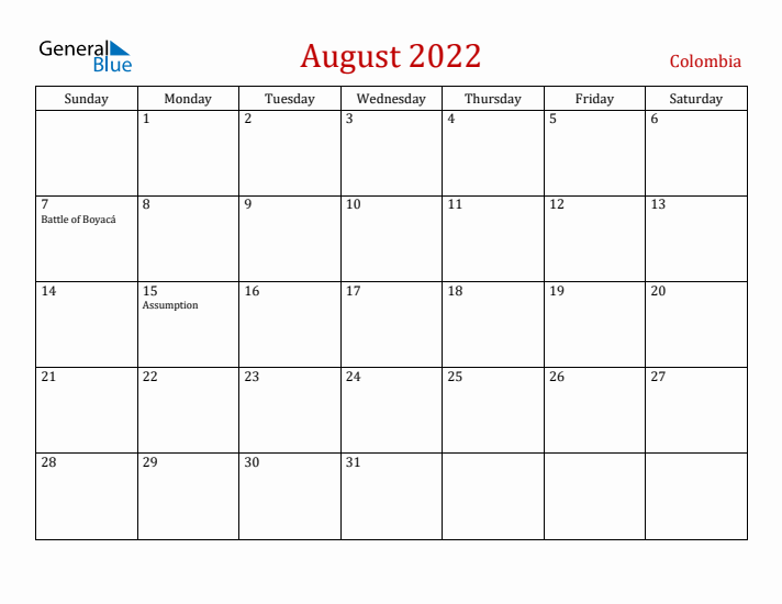 Colombia August 2022 Calendar - Sunday Start