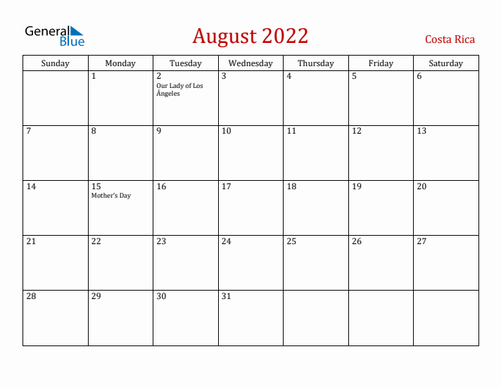 Costa Rica August 2022 Calendar - Sunday Start