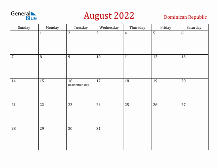 Dominican Republic August 2022 Calendar - Sunday Start