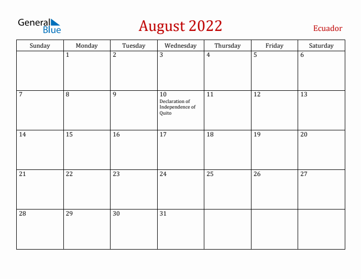 Ecuador August 2022 Calendar - Sunday Start