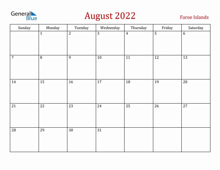 Faroe Islands August 2022 Calendar - Sunday Start
