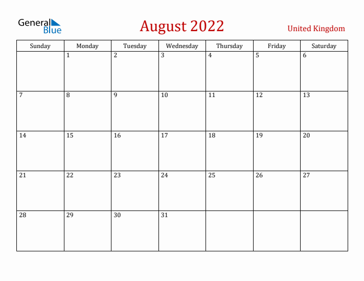 United Kingdom August 2022 Calendar - Sunday Start