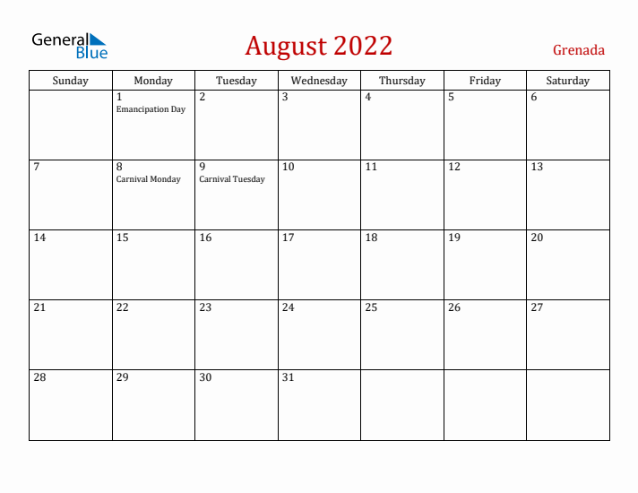Grenada August 2022 Calendar - Sunday Start