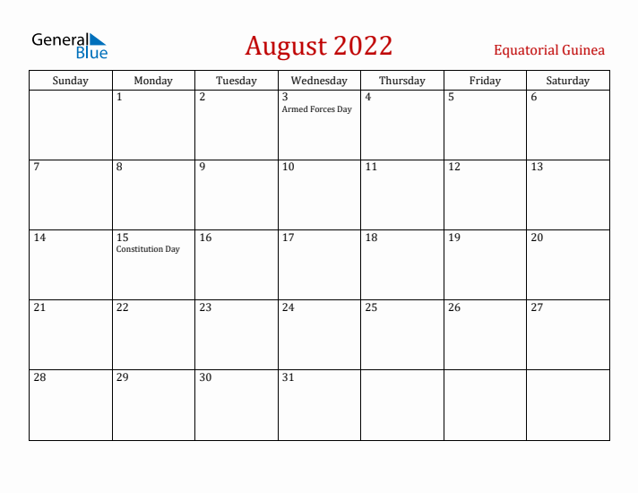 Equatorial Guinea August 2022 Calendar - Sunday Start