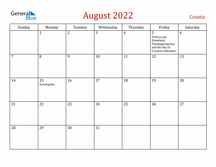 Croatia August 2022 Calendar - Sunday Start
