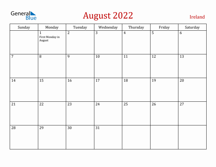 Ireland August 2022 Calendar - Sunday Start