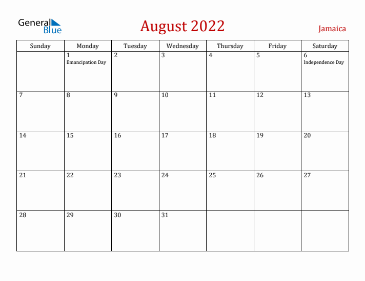Jamaica August 2022 Calendar - Sunday Start