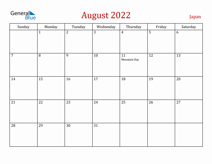 Japan August 2022 Calendar - Sunday Start