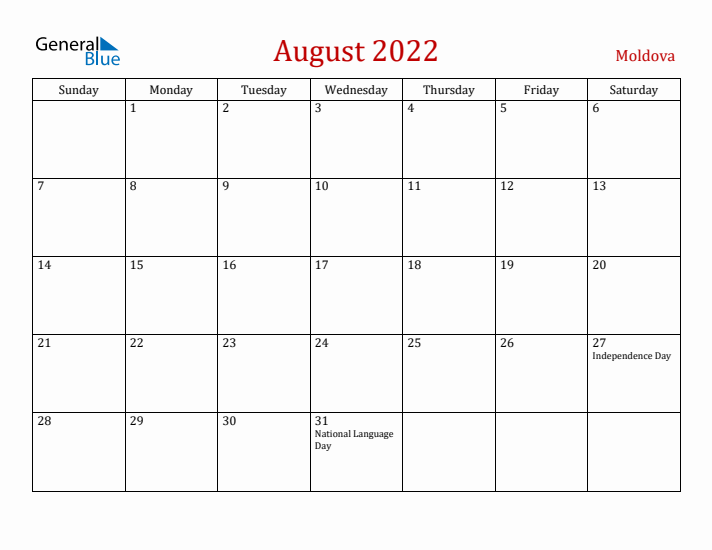 Moldova August 2022 Calendar - Sunday Start