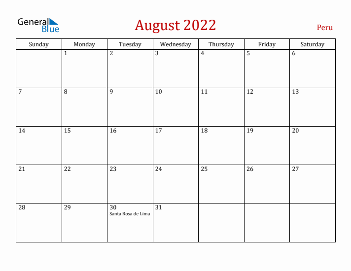 Peru August 2022 Calendar - Sunday Start
