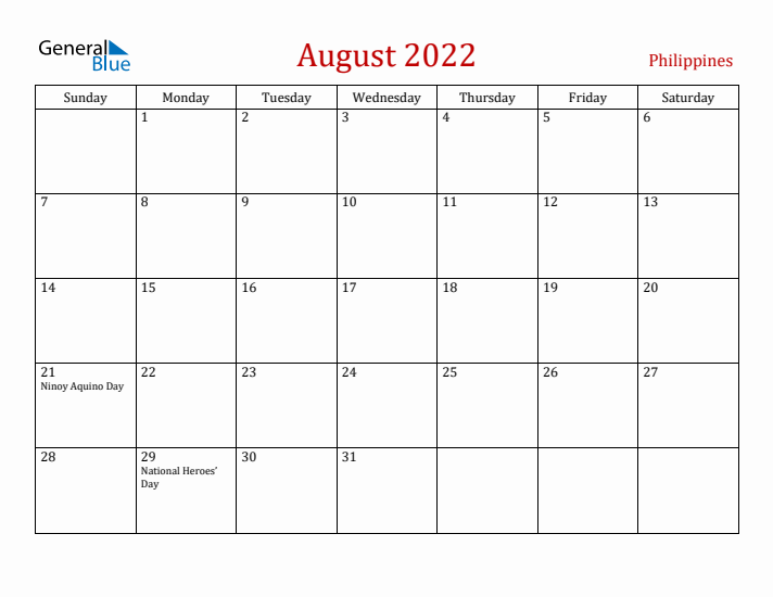 Philippines August 2022 Calendar - Sunday Start